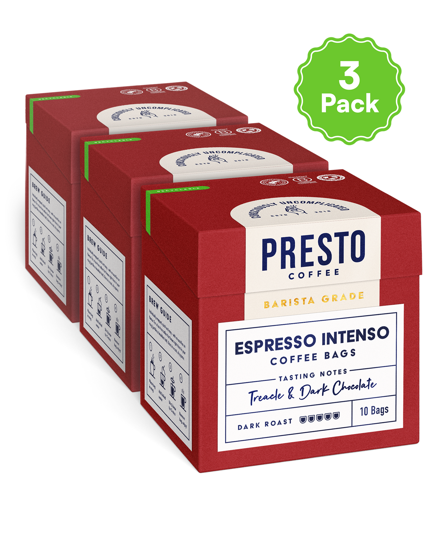 Presto Coffee Espresso Intenso, 3 pack, barista grade, dark roast coffee bags, treacle and dark chocolate tasting notes.