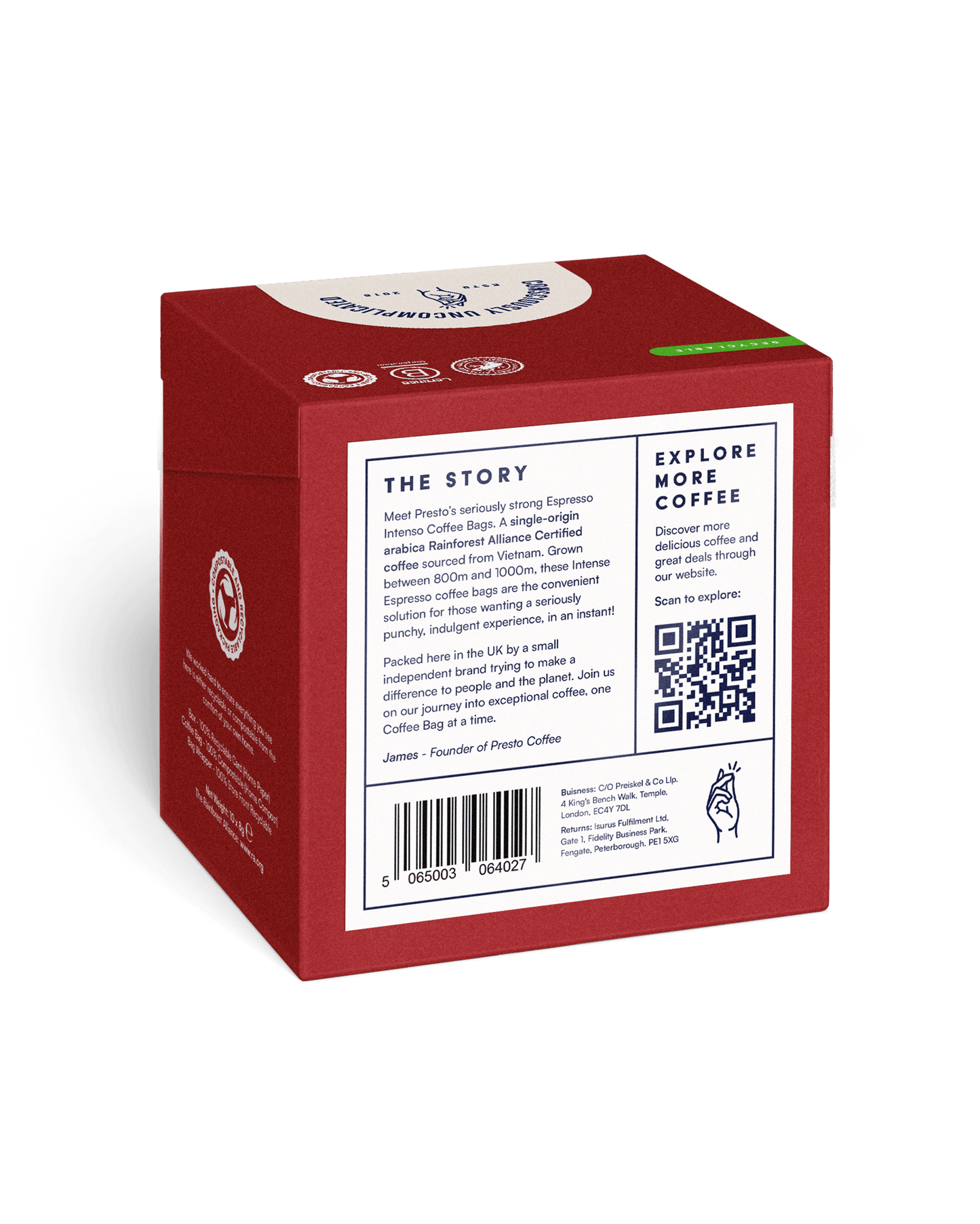 Red Presto Espresso Intenso Coffee Bags with Rainforest Alliance certification, single-origin arabica beans from Vietnam, convenient packaging for instant indulgence, story and barcode on the back, UK independent brand promoting sustainability.