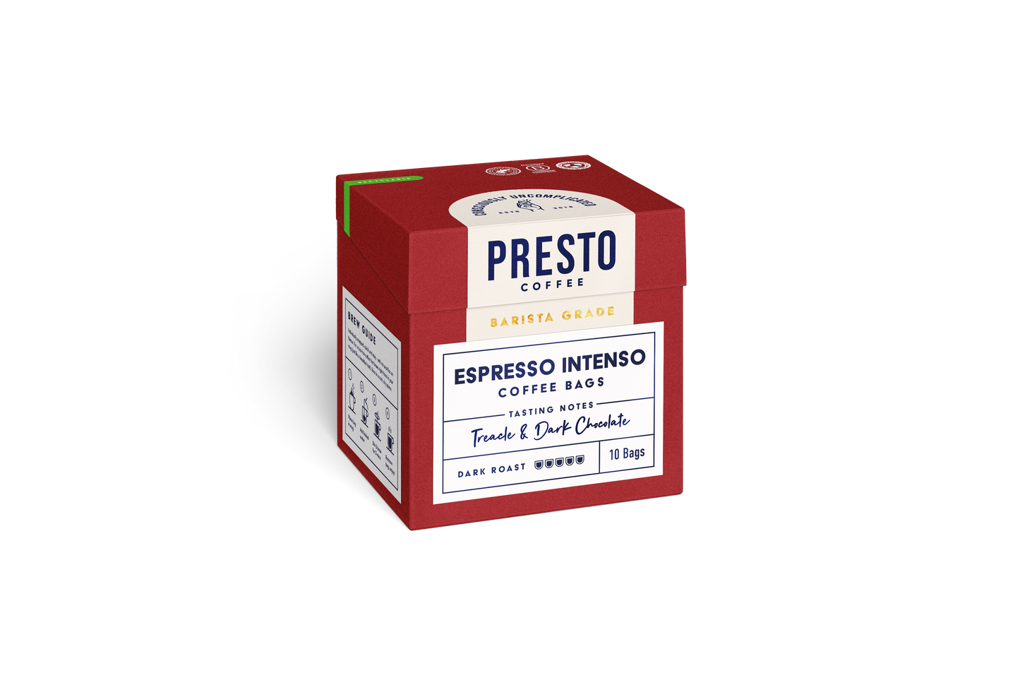 Presto Coffee Barista Grade Espresso Intenso Coffee Bags, dark roast, with treacle and dark chocolate tasting notes, packaging box.