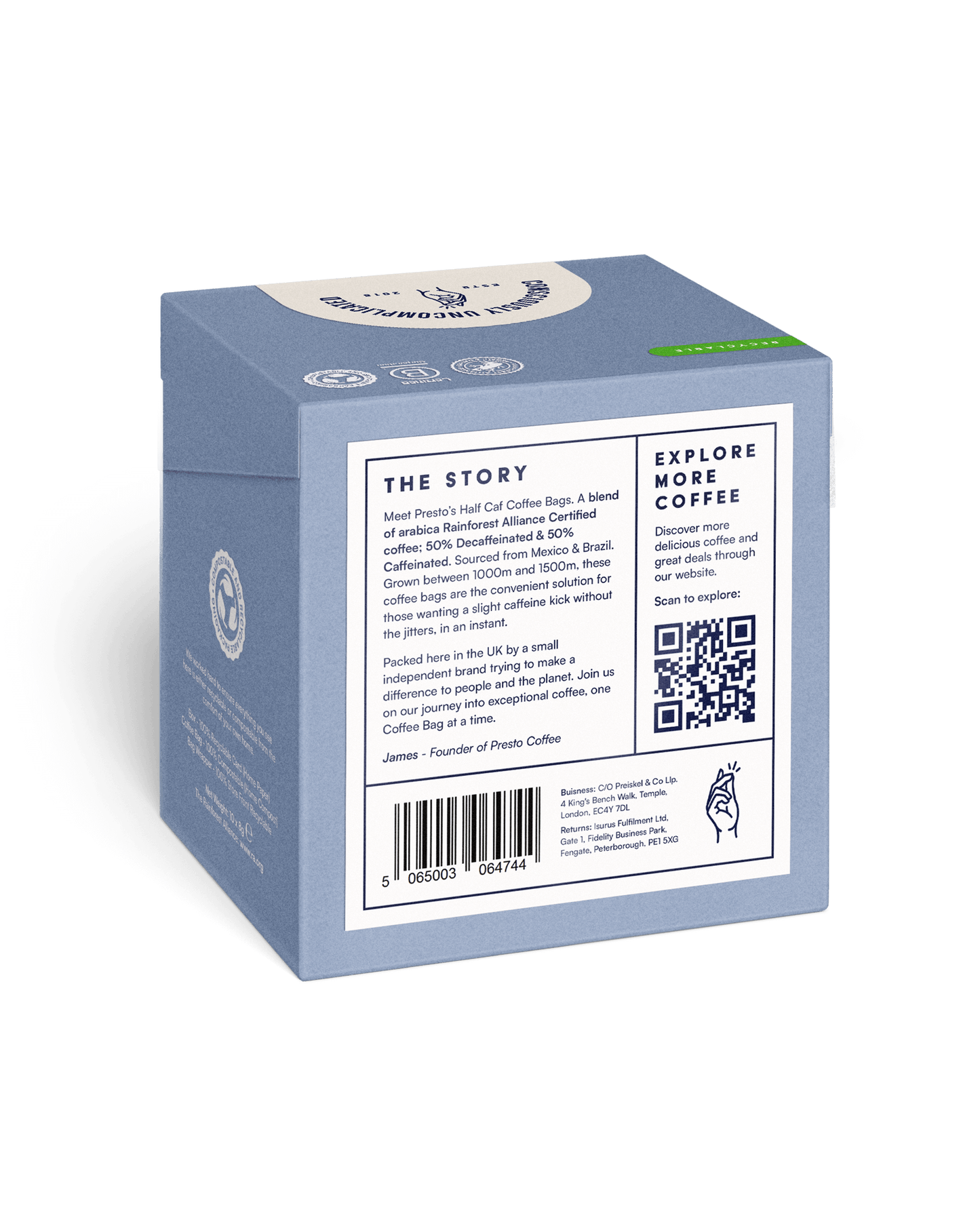 Presto's Half Caf Coffee Bags, arabica coffee blend, Rainforest Alliance Certified, sourced from Mexico and Brazil, eco-friendly packaging, premium coffee product, caffeine balance, QR code for more coffee exploration.