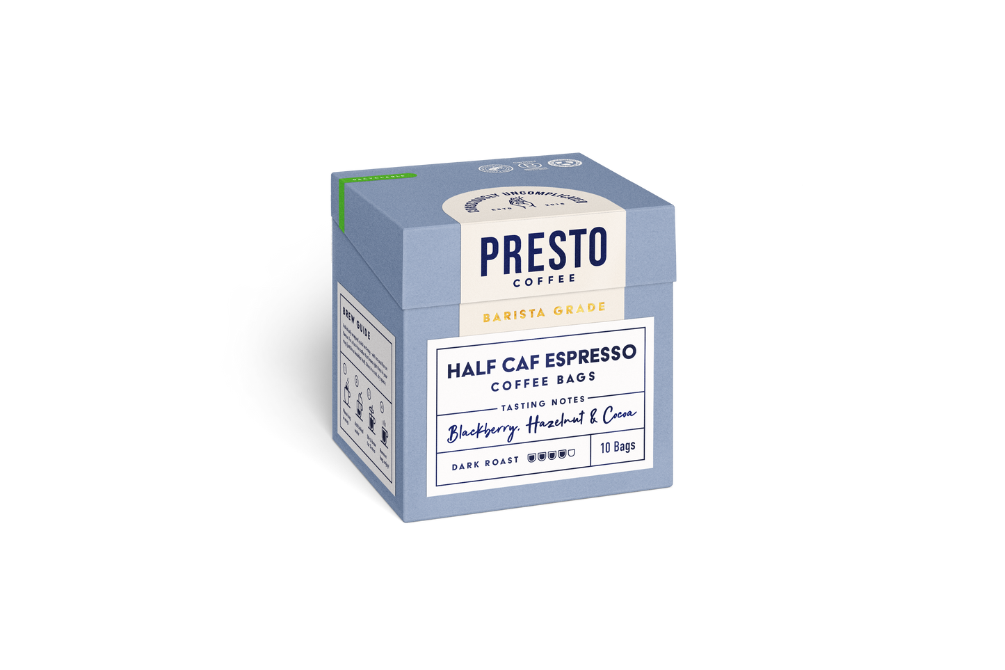 Presto Coffee half caf espresso bags, barista grade, blueberry hazelnut and cocoa tasting notes, dark roast, 10 bags packaging.