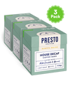 Presto Coffee Barista Grade House Decaf 3-pack, showcasing tasting notes of milk chocolate and almond, light roast 10 bags.
