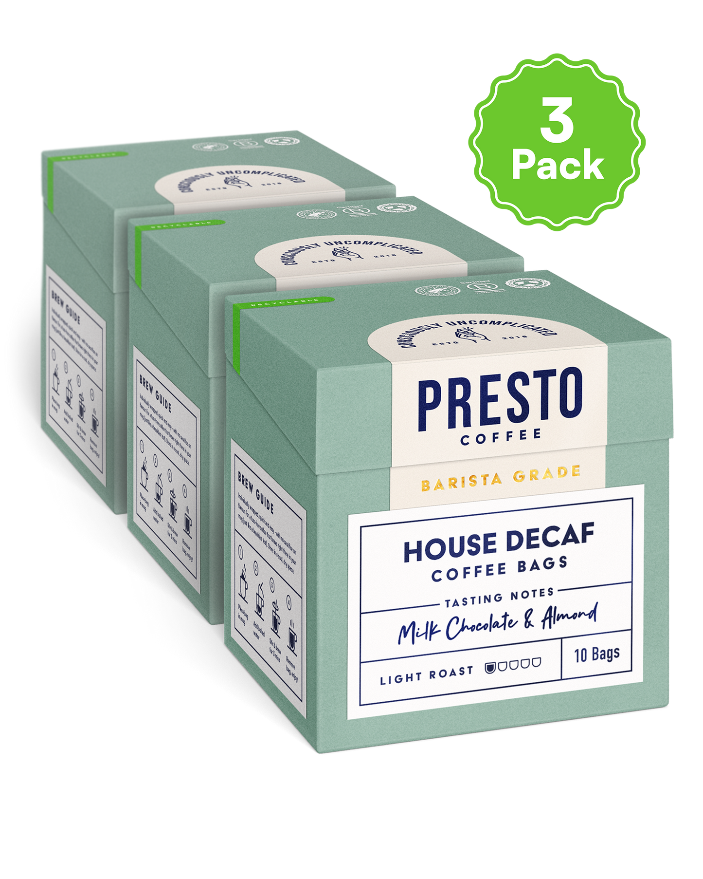 Presto Coffee Barista Grade House Decaf 3-pack, showcasing tasting notes of milk chocolate and almond, light roast 10 bags.