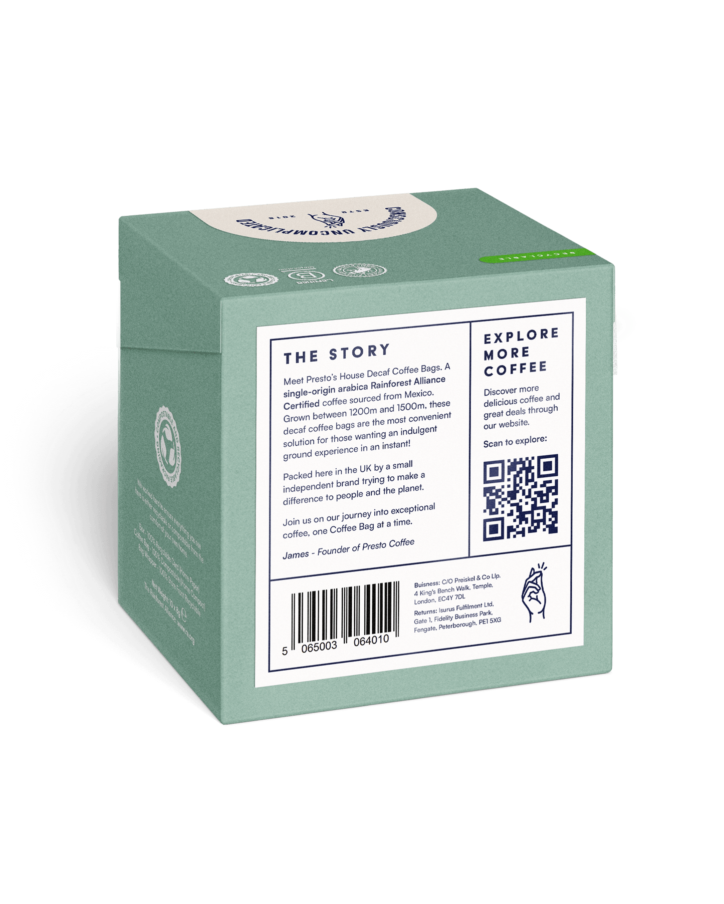 Presto's House Decaf Coffee Bags packaging, featuring Rainforest Alliance Certified label, single-origin arabica coffee sourced from Mexico, eco-friendly design with barcode and QR code for more information.