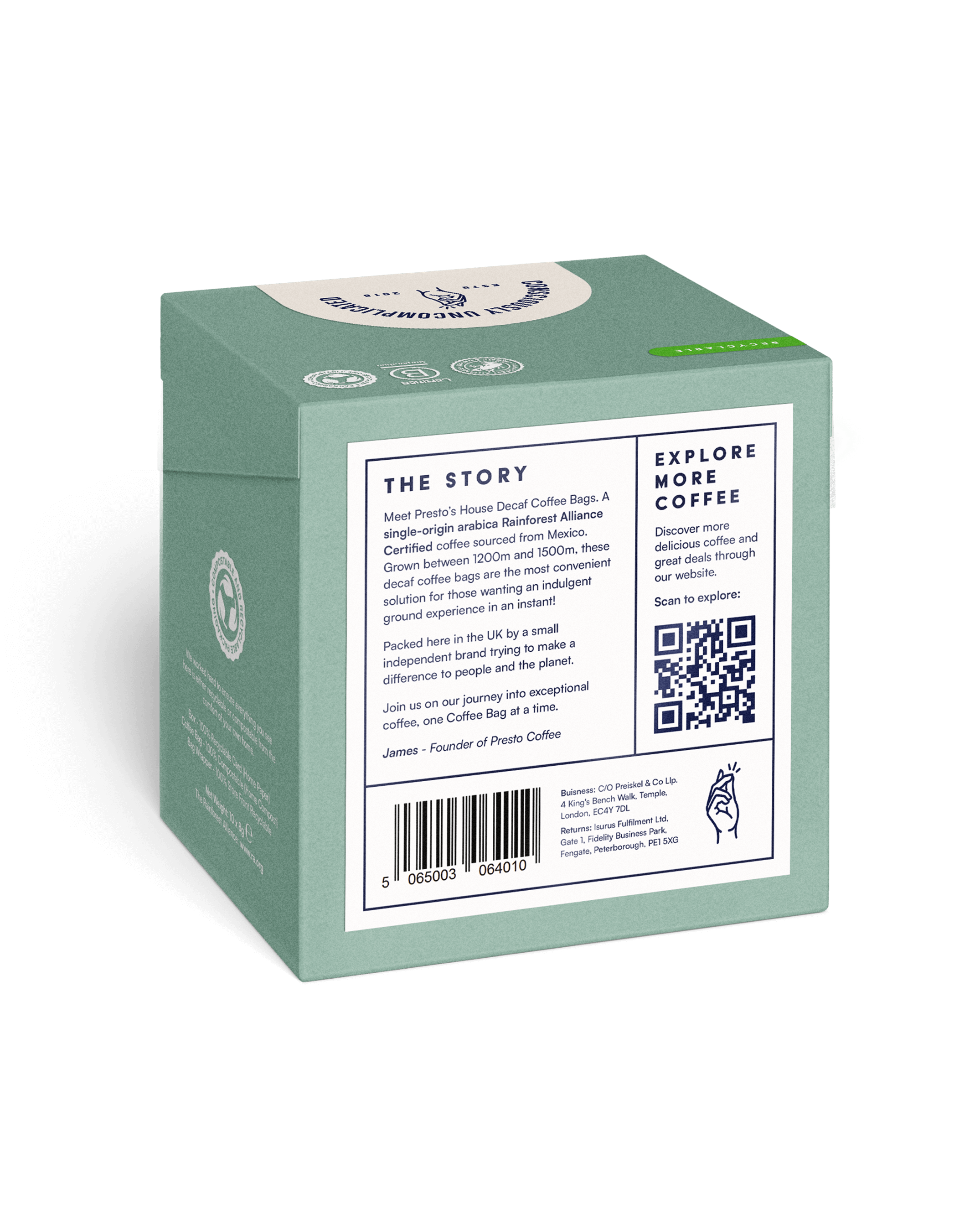 Presto's House Decaf Coffee Bags packaging, showcasing single-origin Rainforest Alliance Certified coffee, sourced from Mexico and packed in the UK by an independent brand.