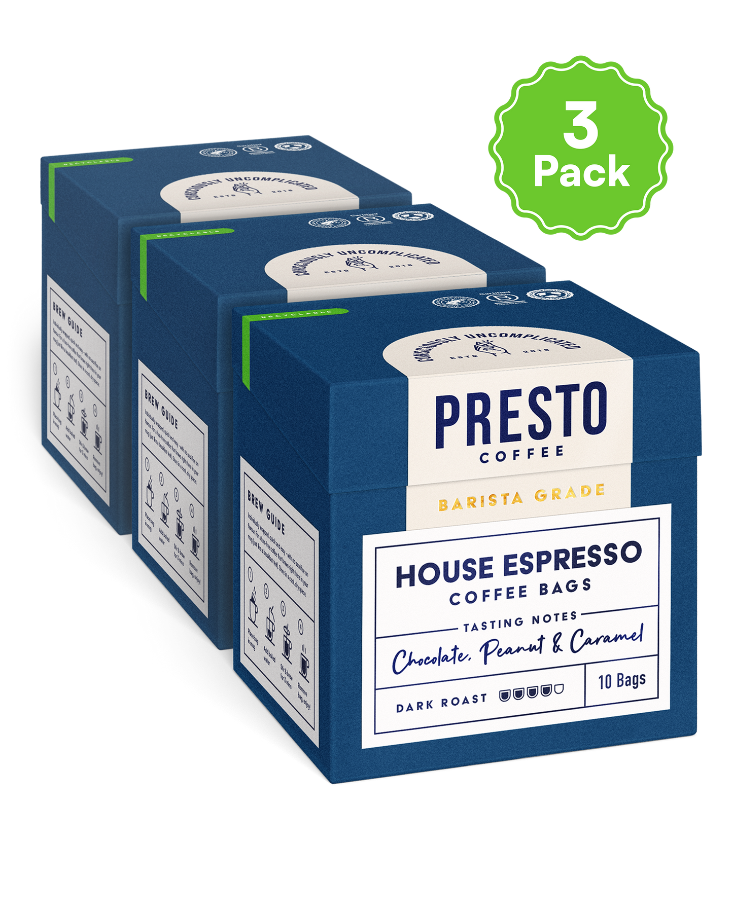 Presto Coffee 3 Pack, House Espresso Coffee Bags, Barista Grade, Dark Roast, Chocolate Peanut Caramel Tasting Notes
