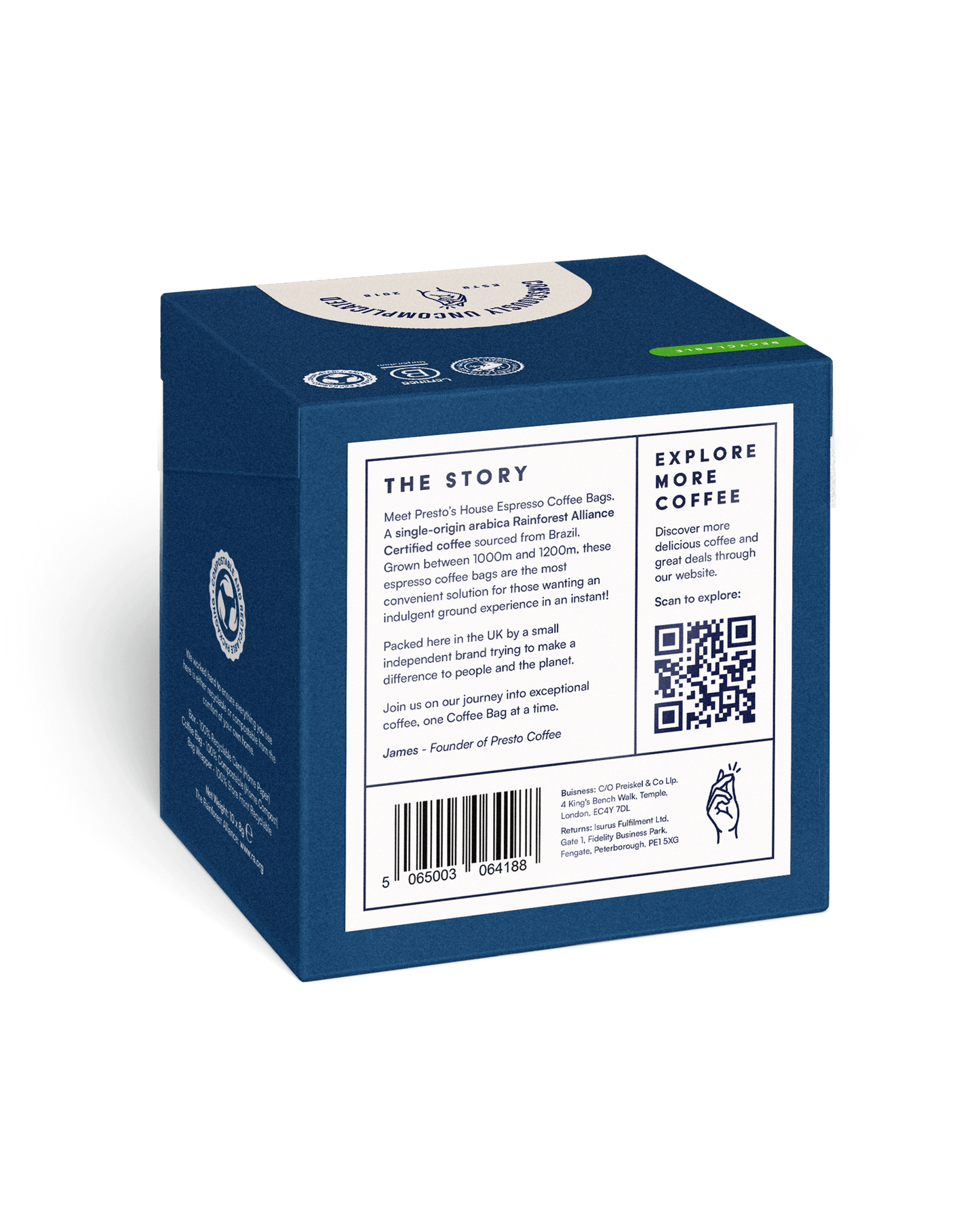 Blue packaging box for Presto's House Espresso Coffee Bags, featuring single-origin arabica Rainforest Alliance Certified coffee from Brazil, with QR code for exploring more coffee options.