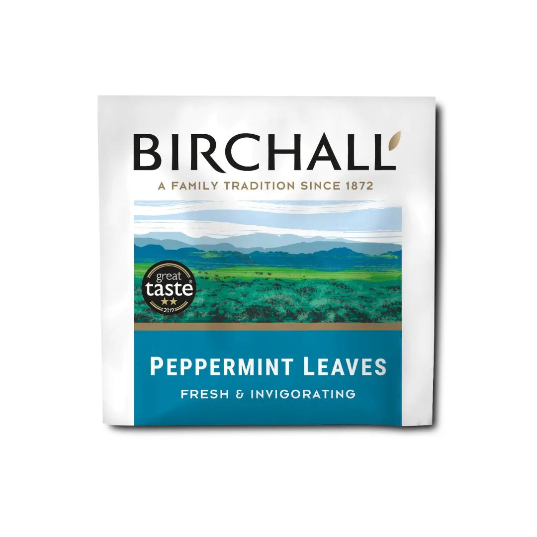 Birchall Peppermint Leaves tea packaging, featuring 2019 Great Taste award, green landscape image, family tradition since 1872, fresh and invigorating blend.