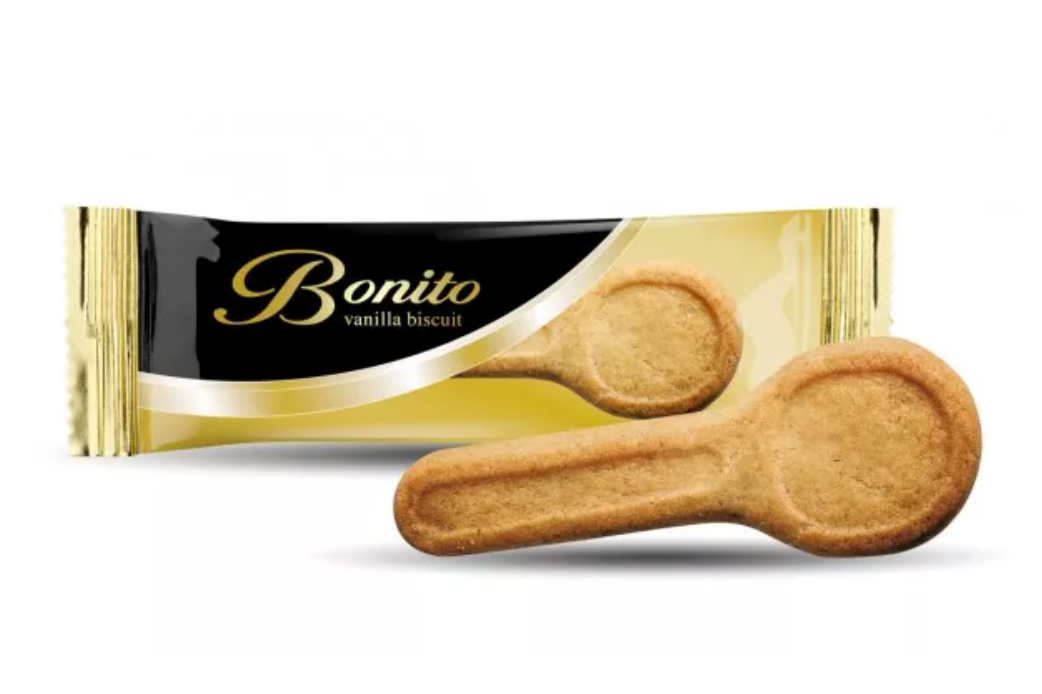 Bonito vanilla biscuit packaging with biscuit-shaped design featuring a golden wrapper and black label.