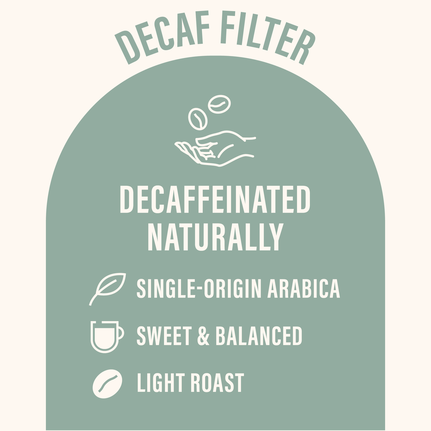 Decaf coffee label, decaffeinated naturally, single-origin Arabica, sweet and balanced flavor, light roast, coffee beans, leaf icon, coffee cup icon, light roast icon, green background, coffee branding design.