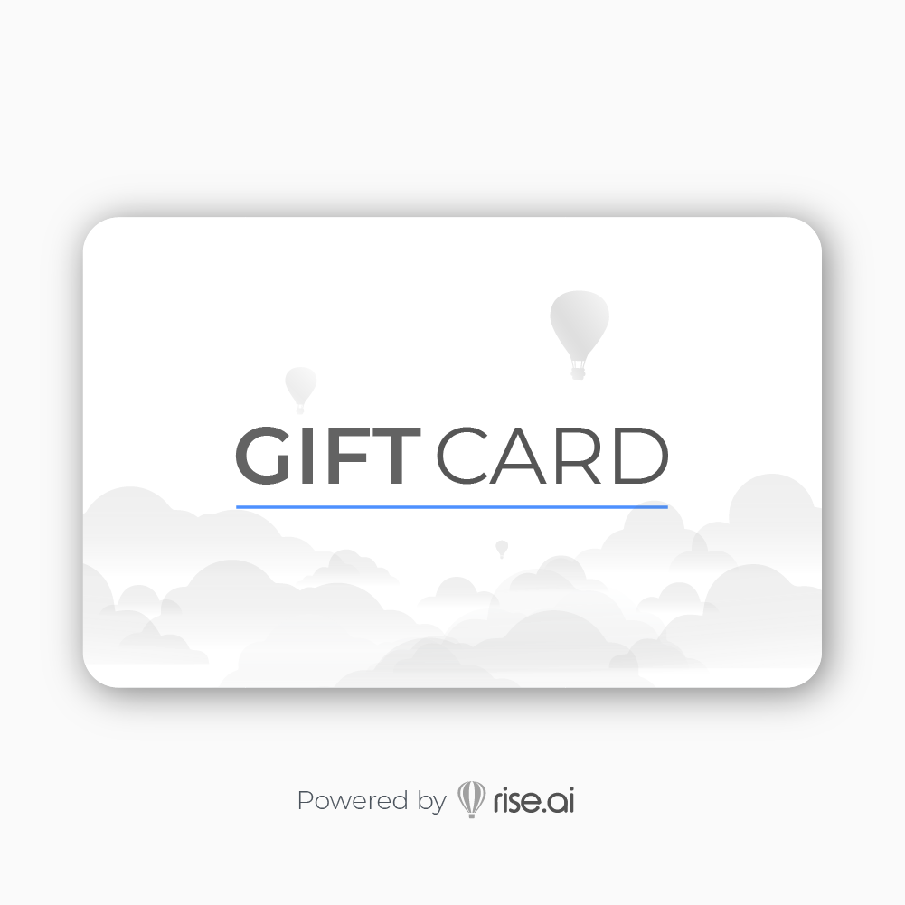 Gift card image with cloud and hot air balloon design, powered by rise.ai.