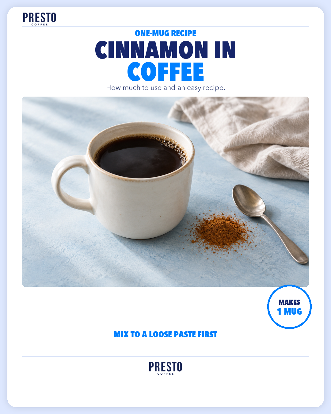 A mug of coffee beside ground cinnamon and a teaspoon for a one-mug cinnamon coffee recipe.