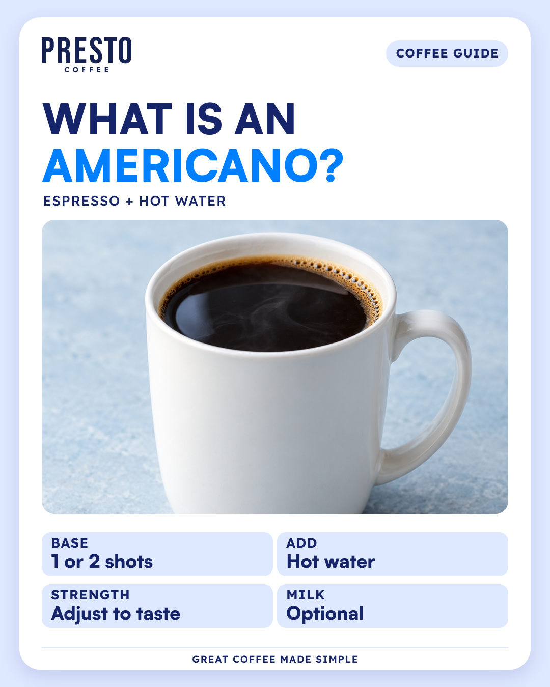 Presto coffee guide: an Americano combines espresso and hot water, with the water adjusted to taste. A white cup of black coffee is pictured.