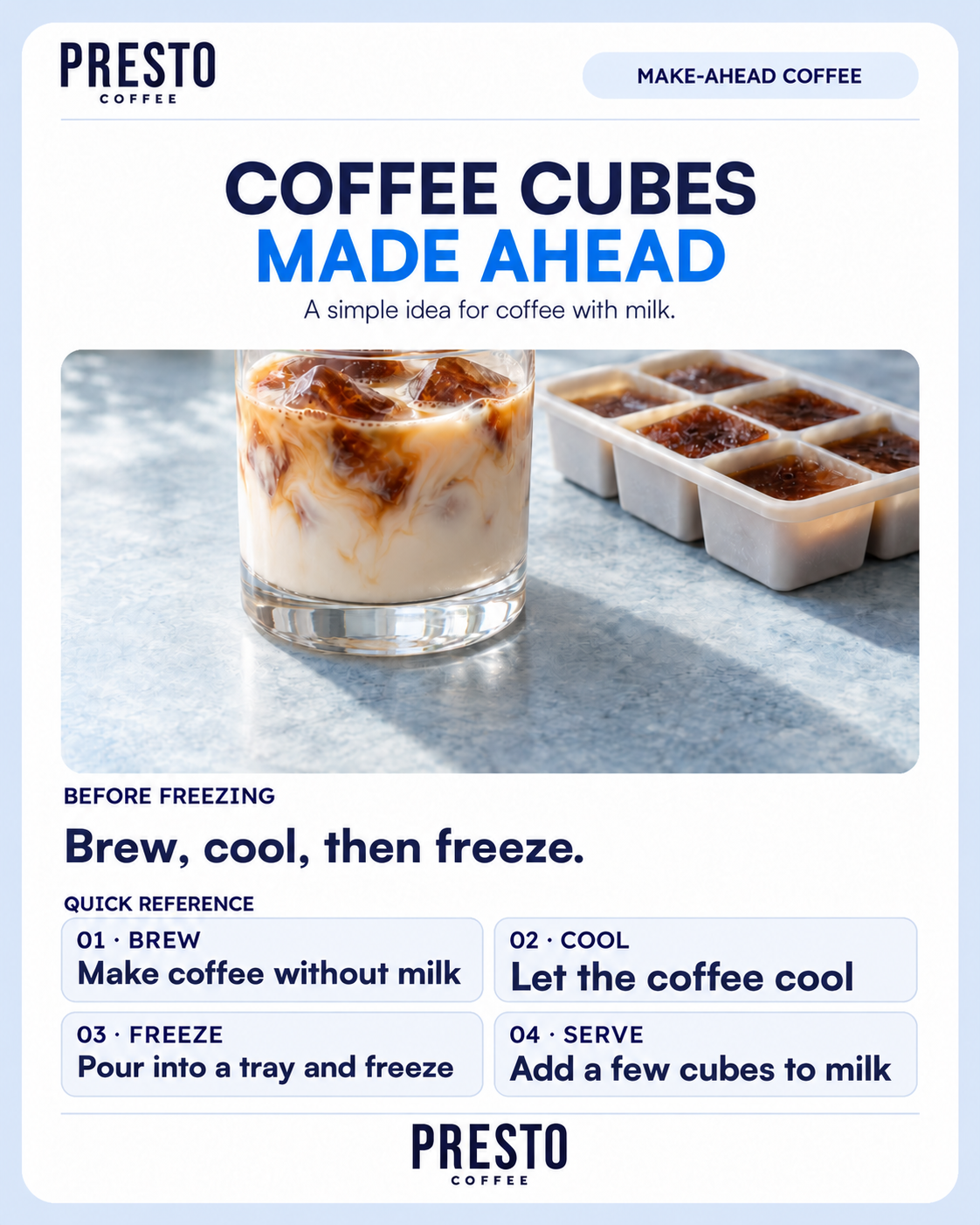 A glass of milk with coffee ice cubes beside a tray of frozen coffee cubes.