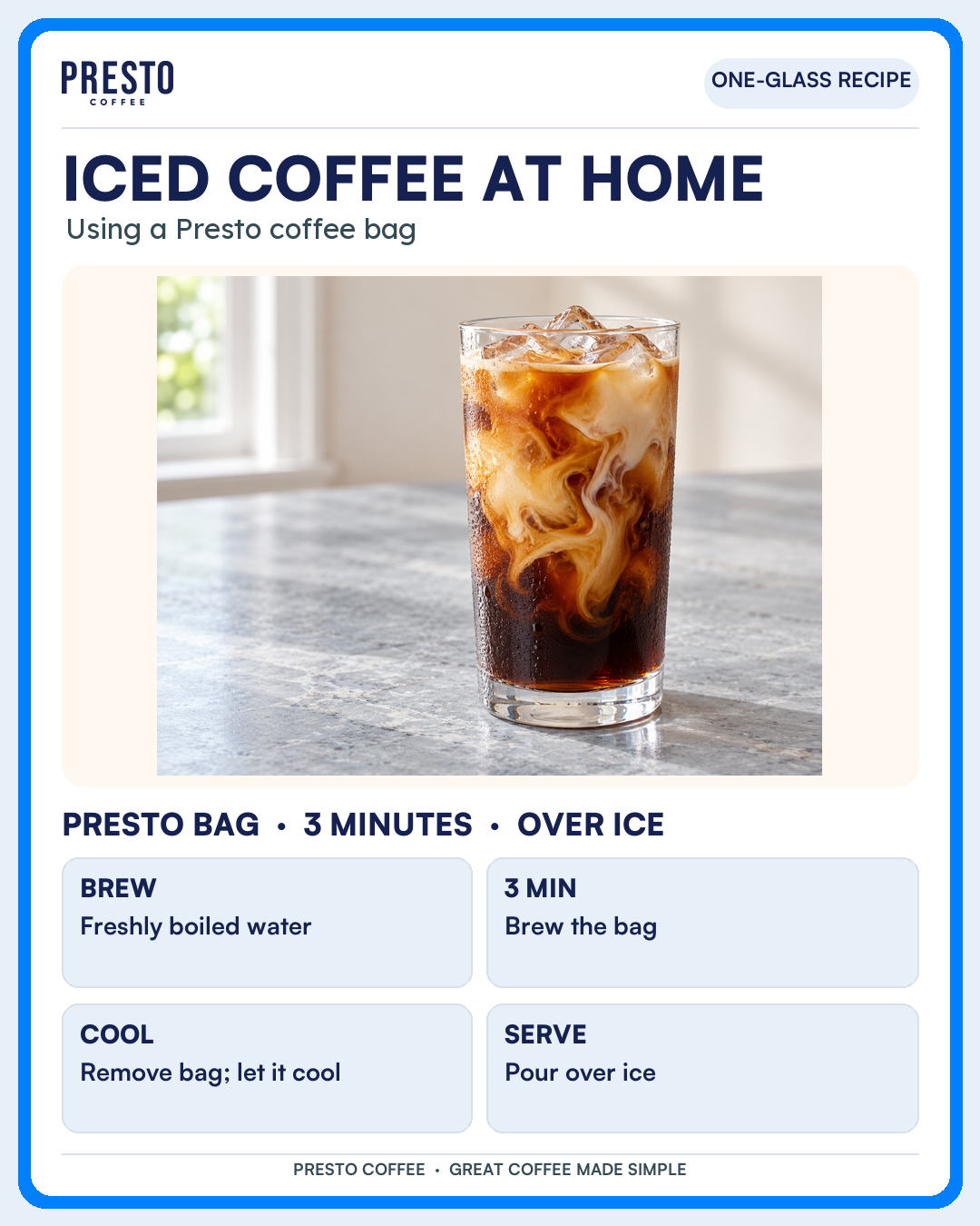 Iced-coffee guide card showing a full glass and a coffee-bag method: brew, cool and pour over ice; three minutes is a starting point for Presto bags.