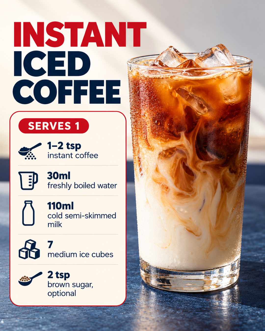 Red and navy recipe card beside a glass of iced coffee with visible ice and a coffee-to-milk swirl; the card lists one serving of instant iced coffee and its ingredients.