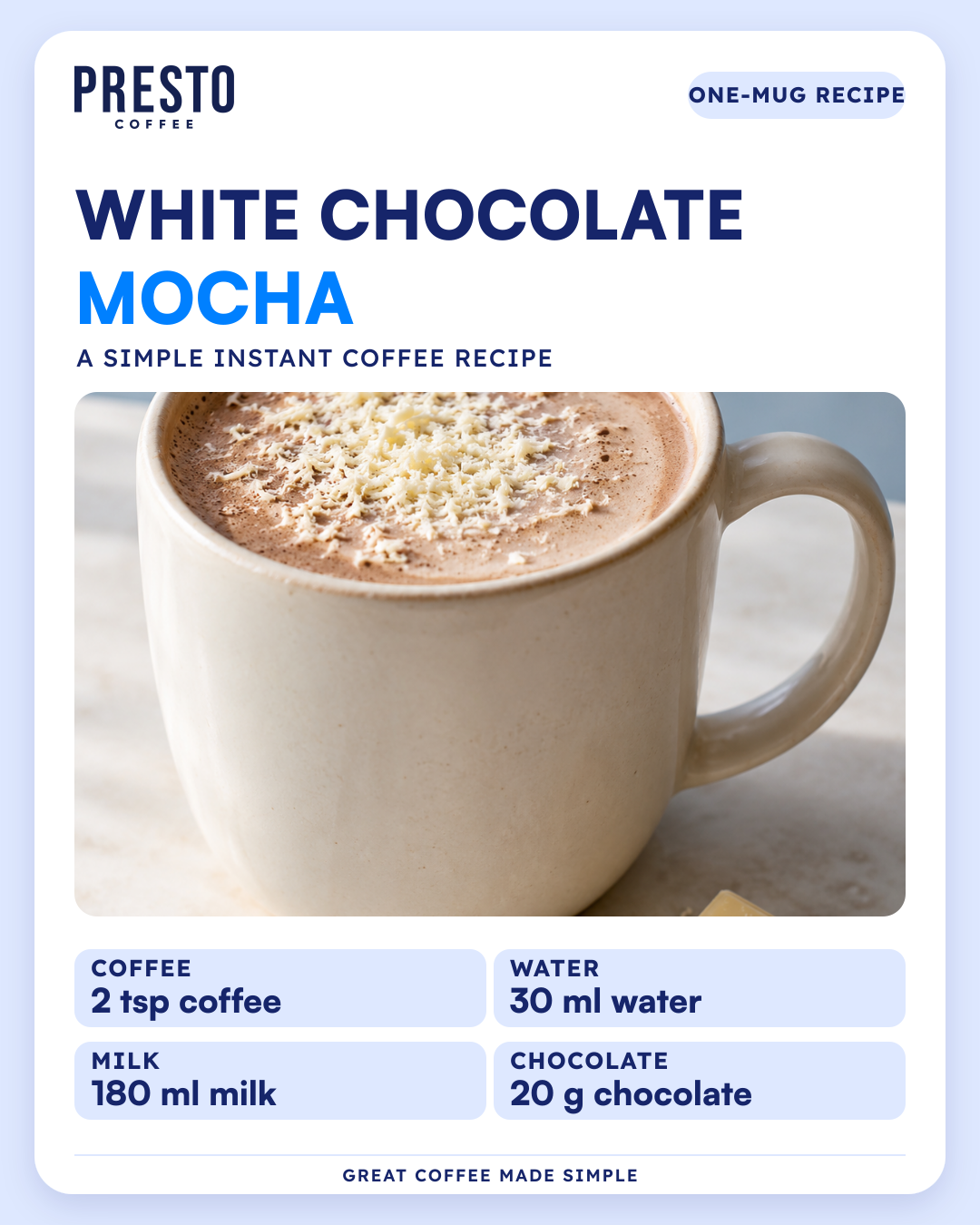 Presto one-mug white chocolate mocha recipe: 2 teaspoons instant coffee, 30 millilitres hot water, 180 millilitres milk and 20 grams white chocolate. A mug of mocha is pictured.