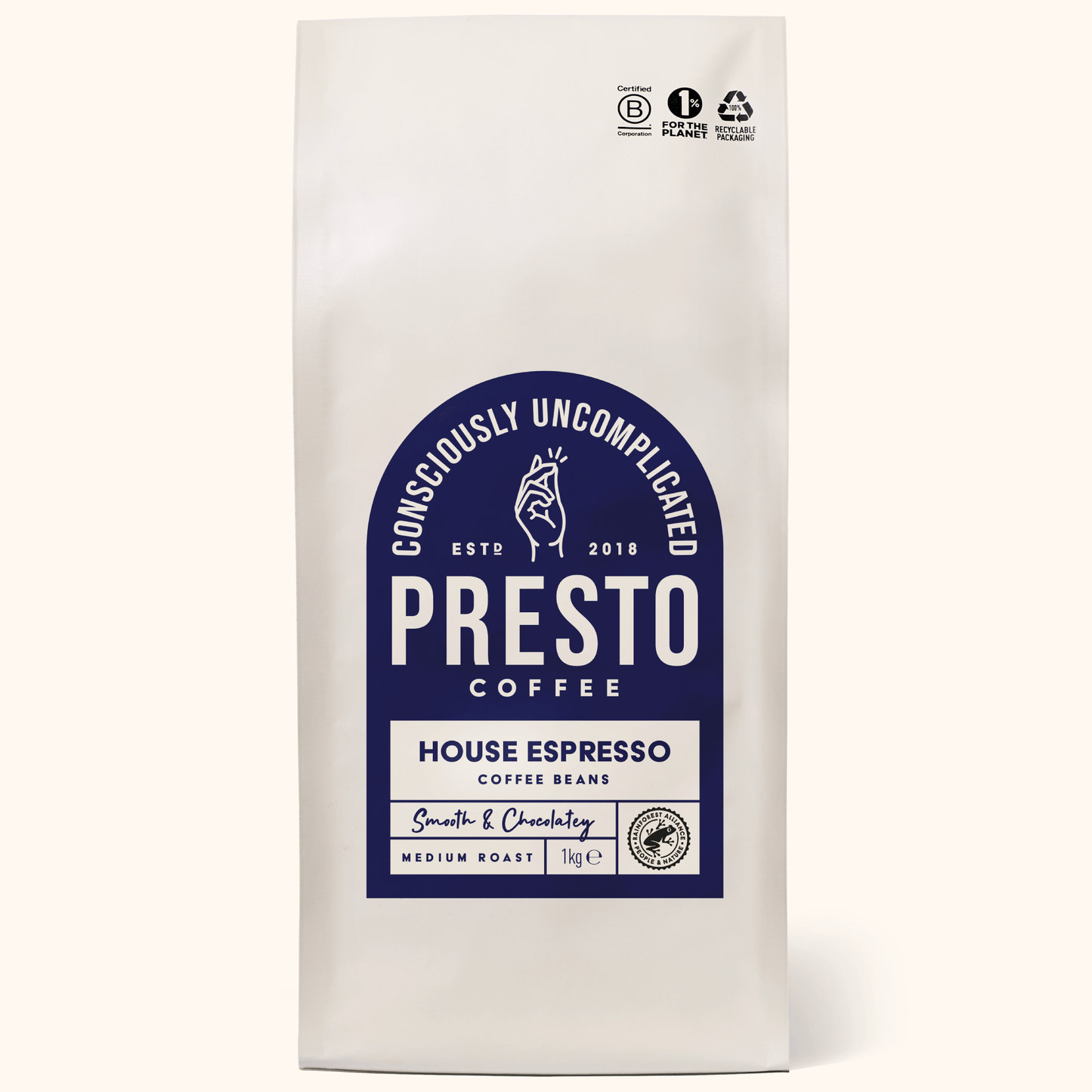 Presto Coffee House Espresso, smooth and chocolaty medium roast, 1kg recyclable package, consciously uncomplicated design, sustainable coffee beans, B Corporation certified