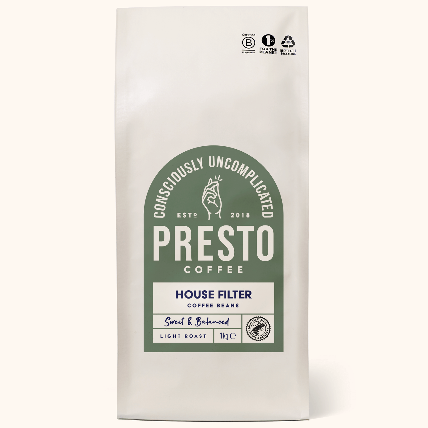 Presto Coffee House Filter, sweet and balanced, light roast coffee beans, 1kg, consciously uncomplicated, certified B Corporation, recyclable packaging.