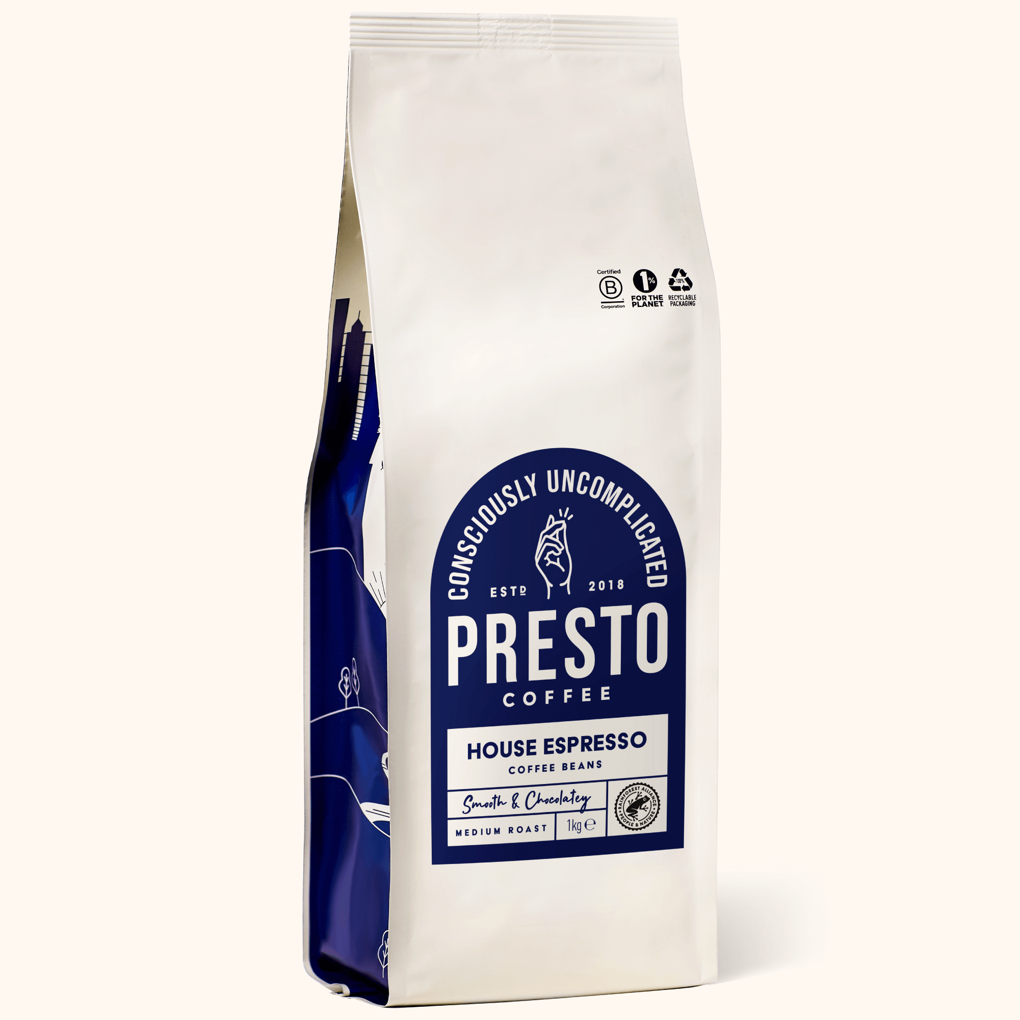 Presto Coffee House Espresso packaging, medium roast coffee beans, smooth and chocolaty flavor, 1kg bag, sustainably sourced.