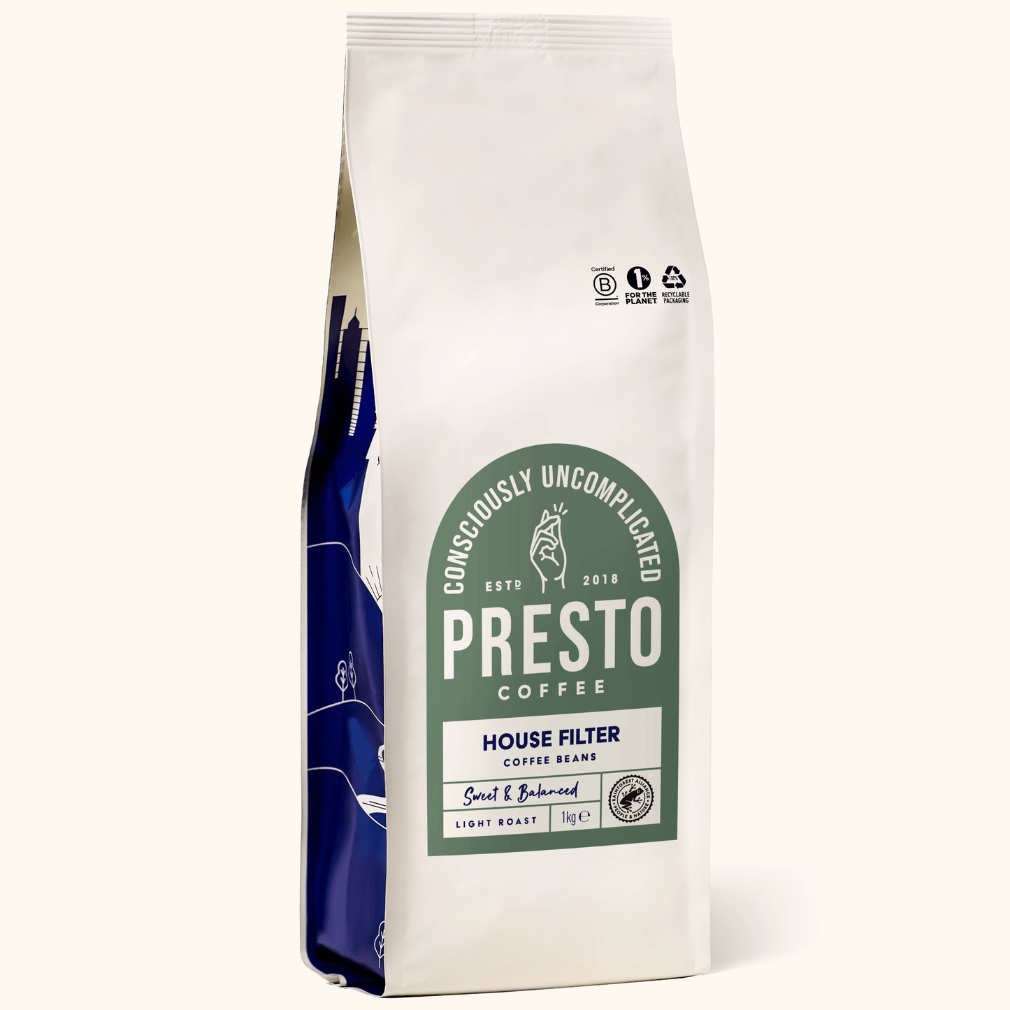 Presto Coffee House Filter bag, consciously uncomplicated coffee beans, sweet and balanced, light roast, 1 kg packaging, certified sustainable.