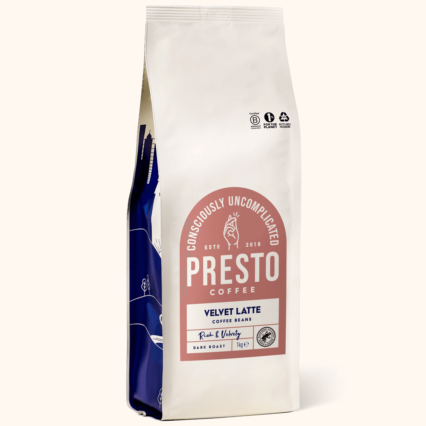 Presto Coffee bag, Velvet Latte coffee beans, consciously uncomplicated, rich and velvety dark roast, 1kg packaging, eco-friendly.