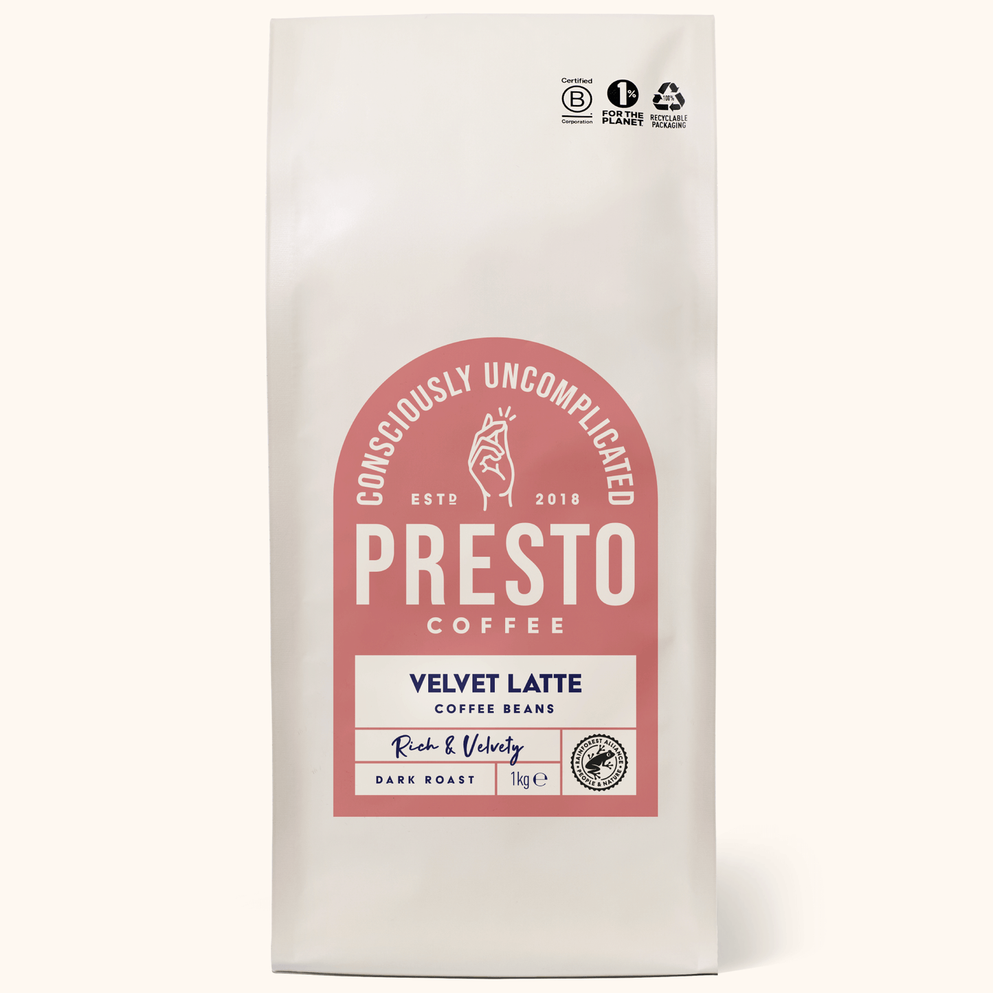 Presto Coffee Velvet Latte coffee beans packaging, dark roast, 1kg bag, environmentally friendly, sustainably sourced, conscious branding, rich and velvety flavor.