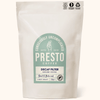 Presto Coffee decaf filter ground coffee bag, light roast, 200g, certified B corporation, sustainable packaging, consciously uncomplicated design.