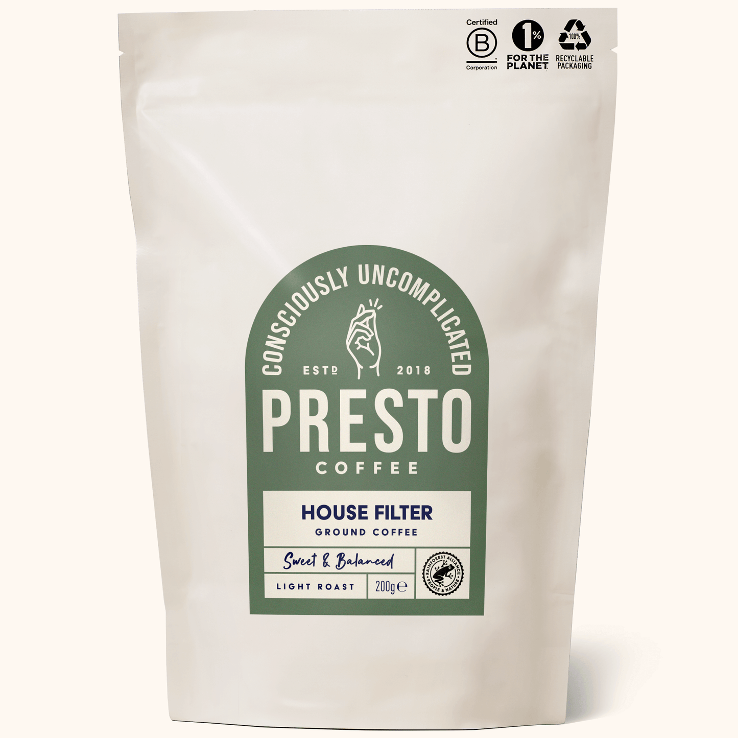 Presto Coffee House Filter ground coffee bag, 200g, light roast, eco-friendly packaging, sweet and balanced flavor, consciously uncomplicated, certified B Corporation, ethically sourced coffee beans.