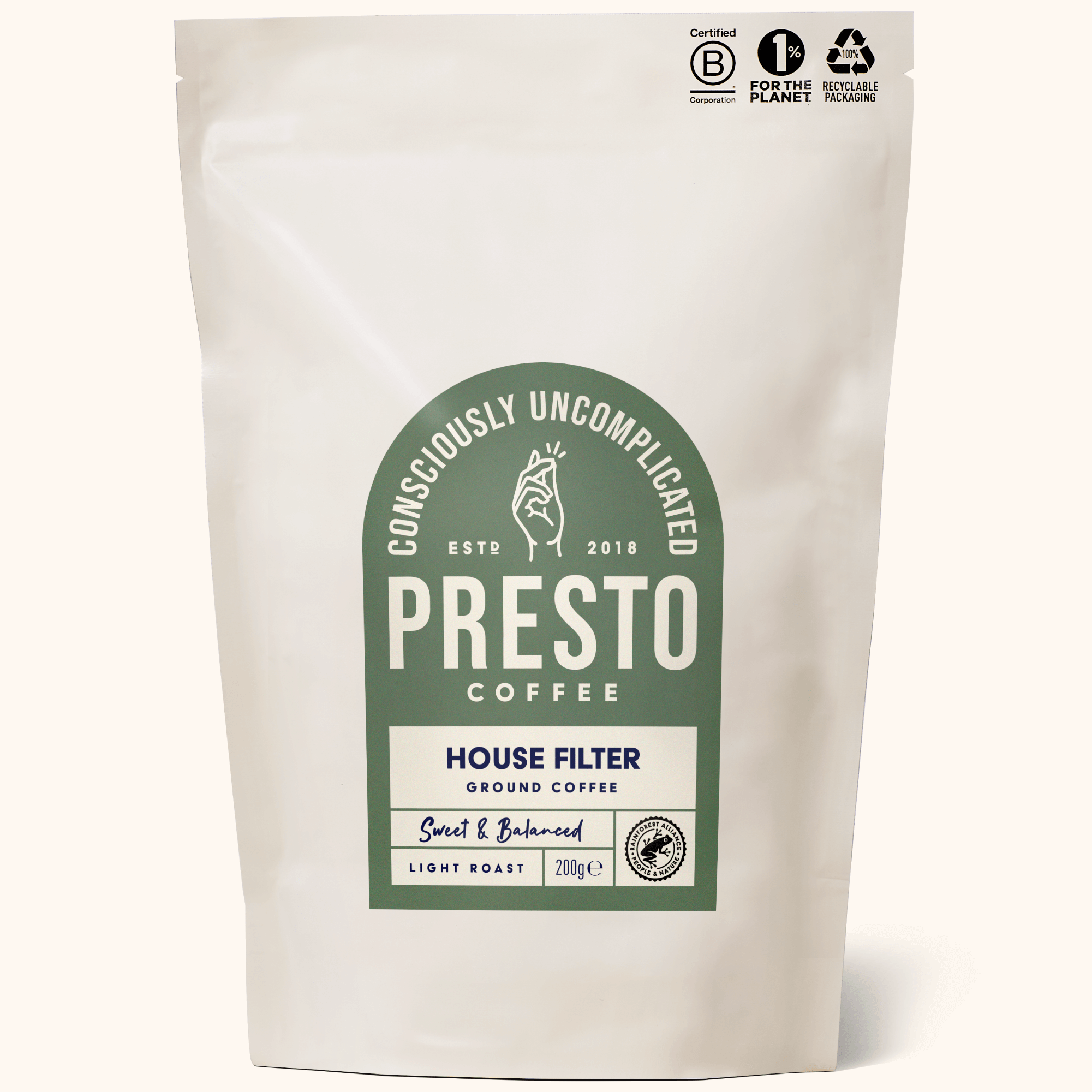 White bag of Presto Coffee, House Filter Ground Coffee, sweet and balanced light roast, consciously uncomplicated, certified B corporation, recyclable packaging, 1% for the planet, 200g.