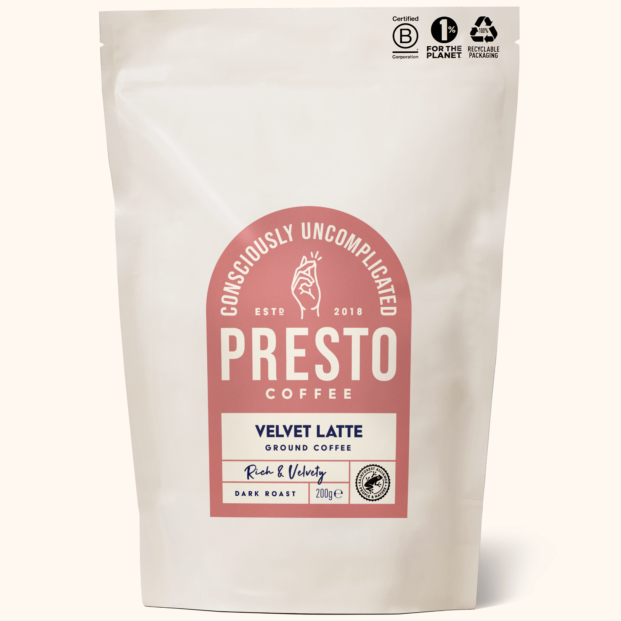 Presto Coffee Velvet Latte, ground coffee bag, rich and velvety dark roast, sustainable packaging, B Corp certification, 200g