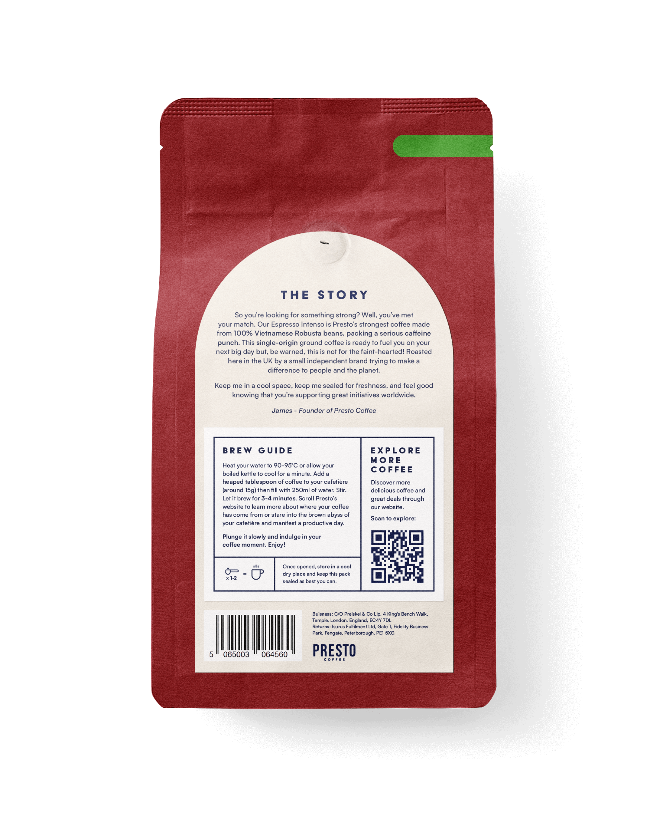 Back view of Presto Coffee red packaging featuring the story behind the coffee, brewing guide, and barcode at the bottom, designed for espresso lovers using Vietnamese Robusta beans.