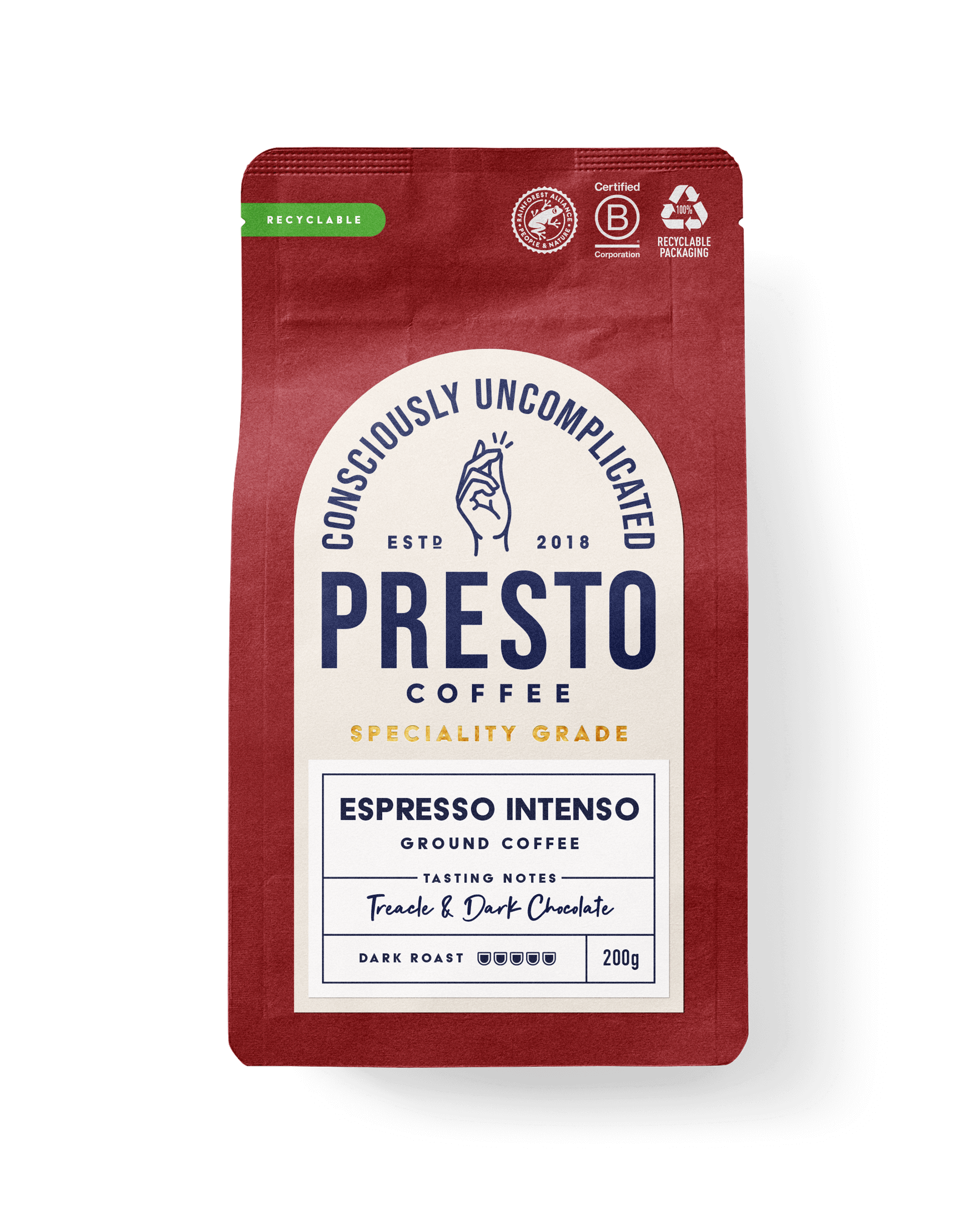 Presto Coffee Espresso Intenso packaging, speciality grade ground coffee, dark roast, treacle and dark chocolate tasting notes, 200g recyclable bag, ethically sourced, certified B Corporation.