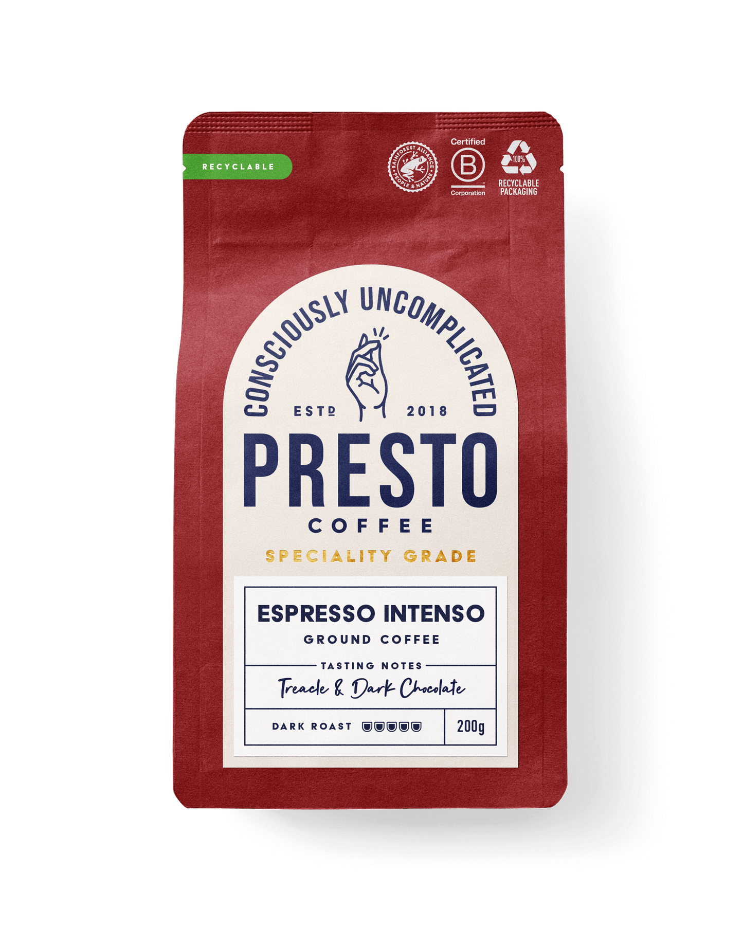 Presto Coffee Espresso Intenso packaging, speciality grade ground coffee, dark roast, treacle and dark chocolate tasting notes, 200g recyclable bag, ethically sourced, certified B Corporation.