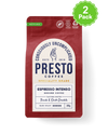 Red bag of Presto Coffee, Espresso Intenso, speciality grade, dark roast, ground coffee, with treacle and dark chocolate tasting notes, 200g pack, recyclable packaging, certified B Corporation, 2 pack offer available.