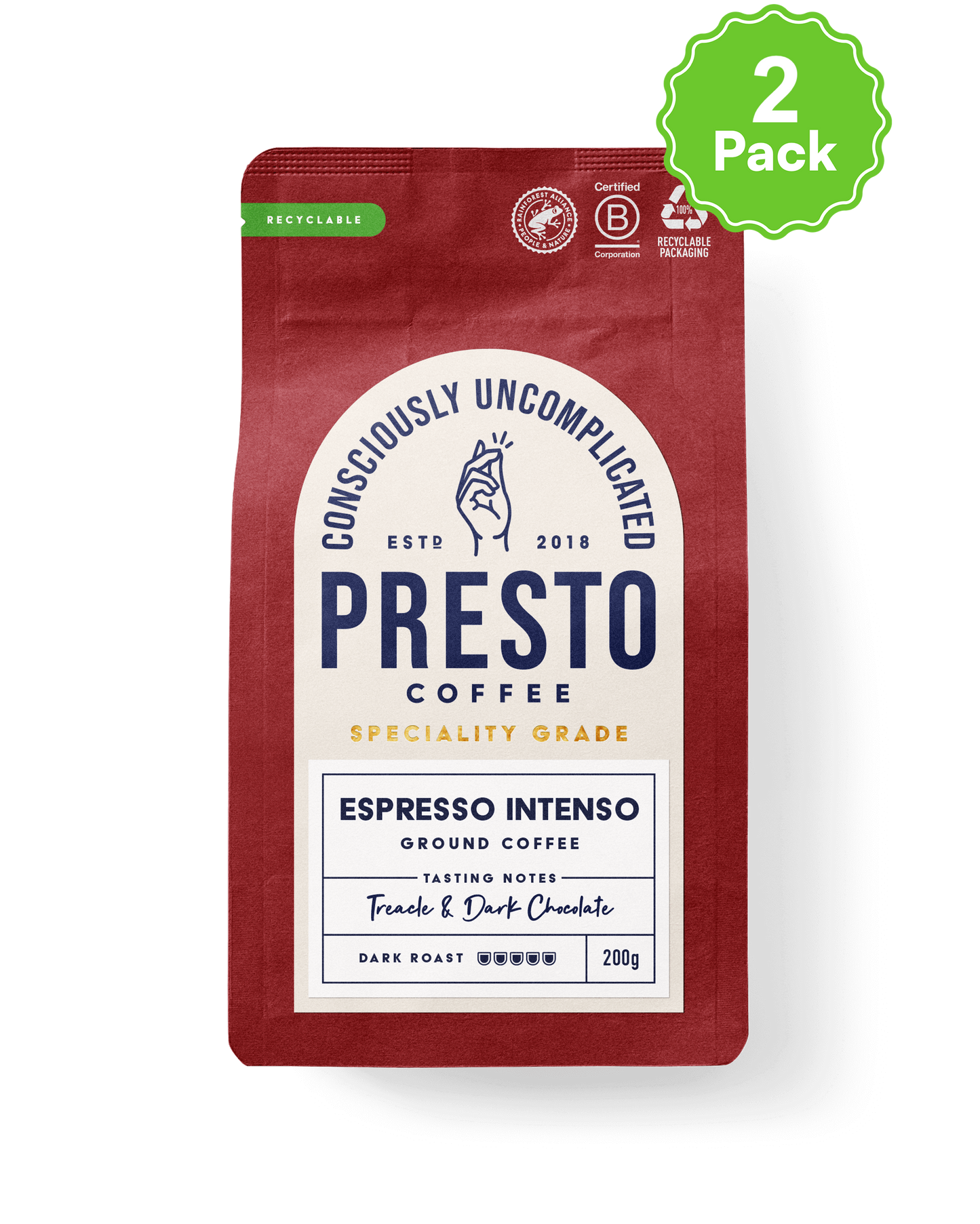 Red bag of Presto Coffee, Espresso Intenso, speciality grade, dark roast, ground coffee, with treacle and dark chocolate tasting notes, 200g pack, recyclable packaging, certified B Corporation, 2 pack offer available.