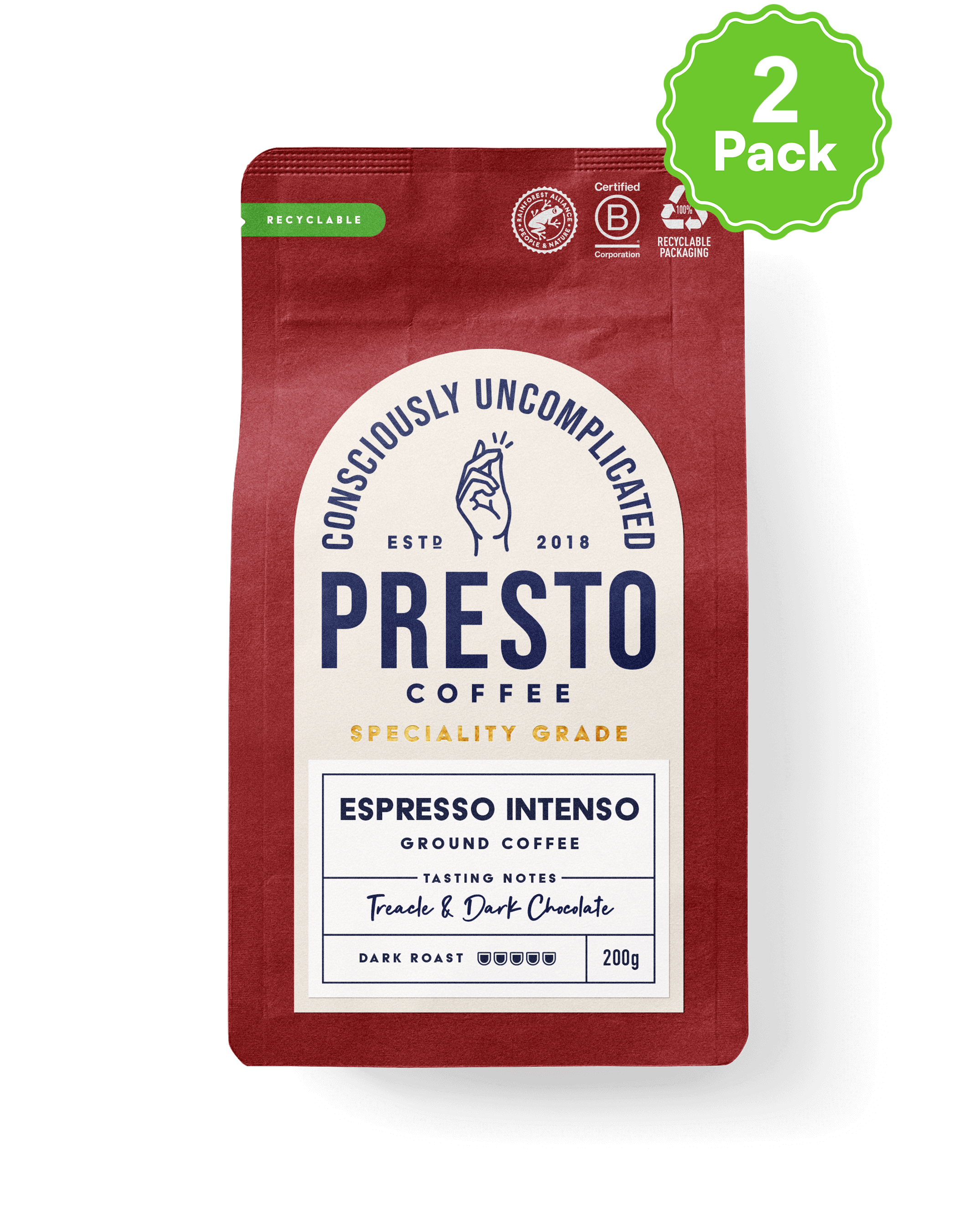 Red bag of Presto Coffee, Espresso Intenso, speciality grade, dark roast, ground coffee, with treacle and dark chocolate tasting notes, 200g pack, recyclable packaging, certified B Corporation, 2 pack offer available.