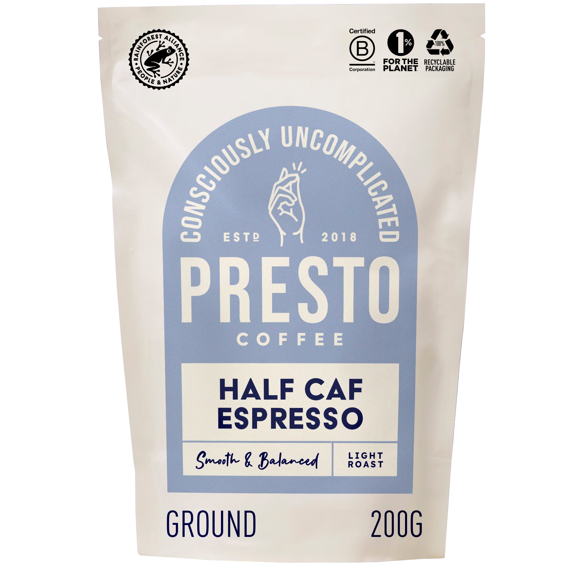 Presto Coffee Half Caf Espresso 200g bag, smooth and balanced light roast, environmentally conscious packaging, certified B Corporation, rainforest alliance.