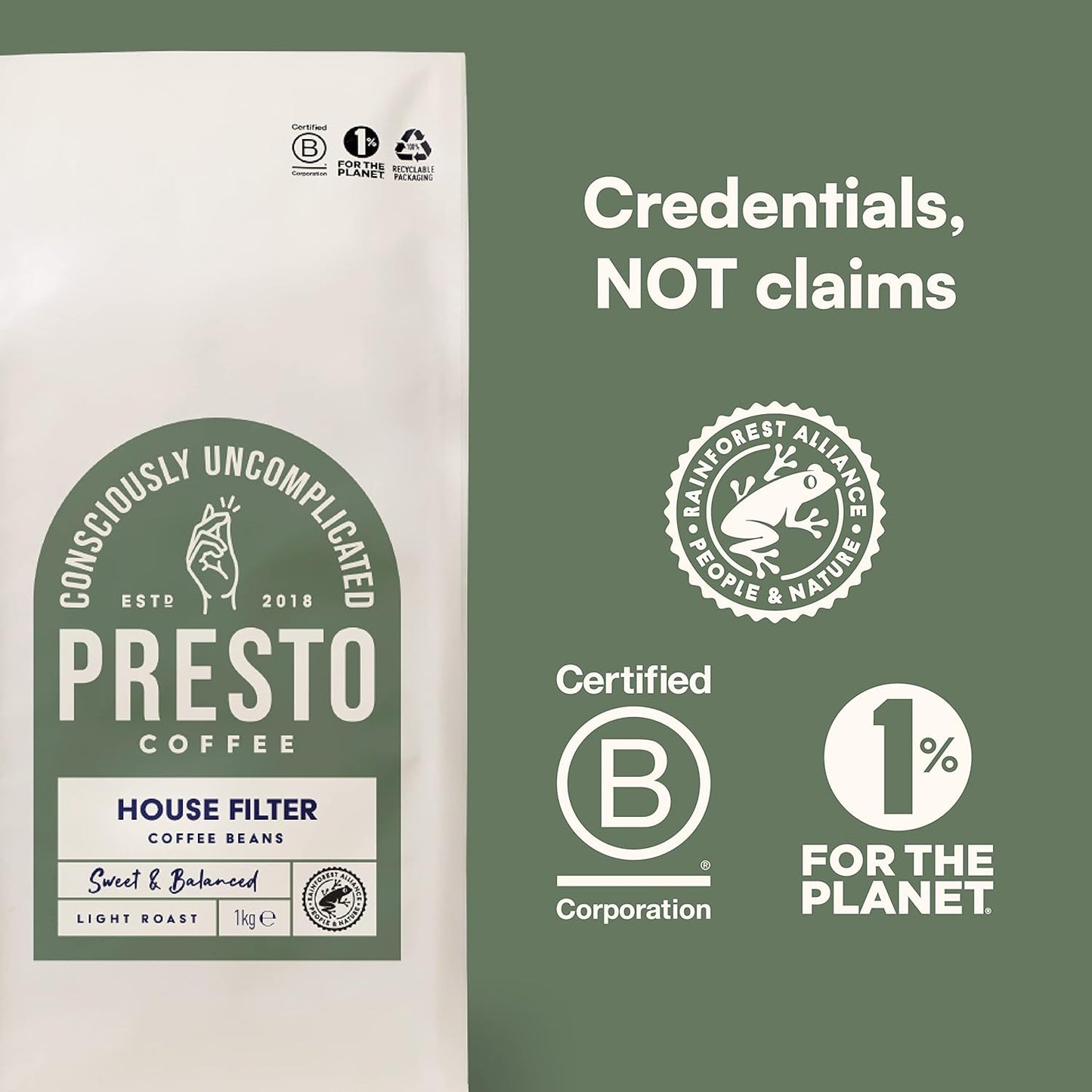 Presto Coffee packaging with Rainforest Alliance, B Corporation, and 1% for the Planet certifications, emphasizing eco-friendly and sustainable coffee beans.