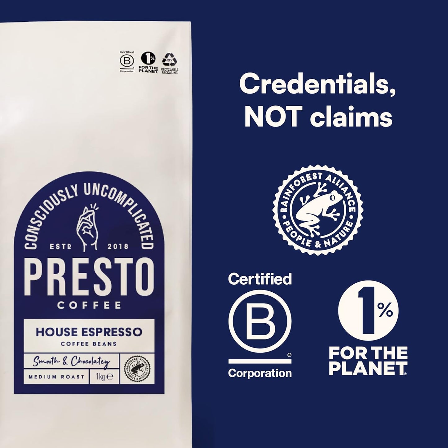 Presto Coffee House Espresso packaging with certifications, including Rainforest Alliance, Certified B Corporation, and 1% for the Planet, featuring smooth and chocolaty medium roast coffee beans.