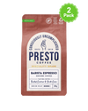 Presto Coffee Barista Espresso 200g, speciality grade medium roast ground coffee with toasted cashew and dark cocoa notes, certified B corporation, recyclable packaging, 2 pack.