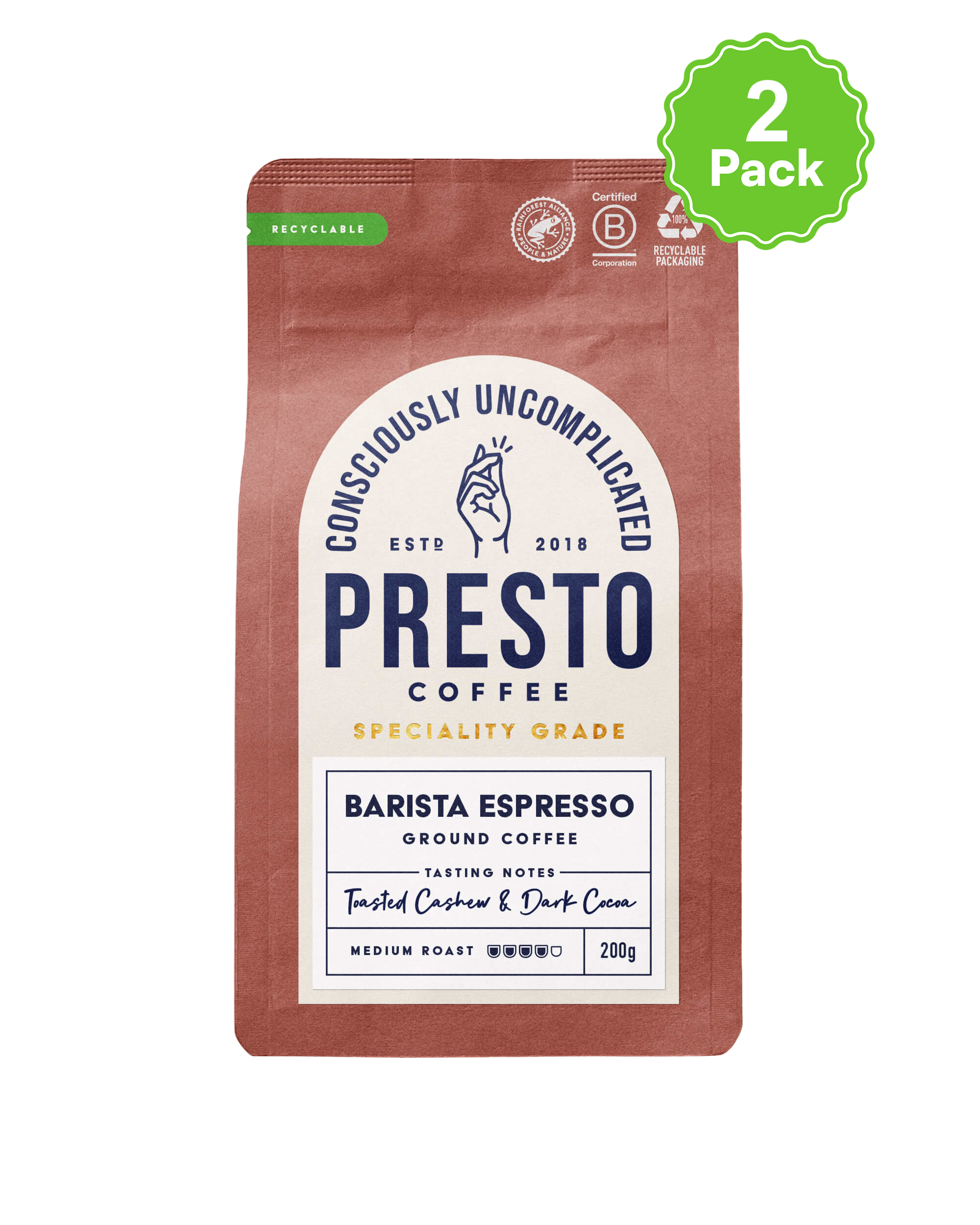 Presto Coffee Barista Espresso 200g, speciality grade medium roast ground coffee with toasted cashew and dark cocoa notes, certified B corporation, recyclable packaging, 2 pack.