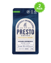 Presto Coffee House Espresso, specialty grade ground coffee, 200g pack, tasting notes chocolate, peanut, caramel, dark roast, recyclable packaging, certified B Corporation.