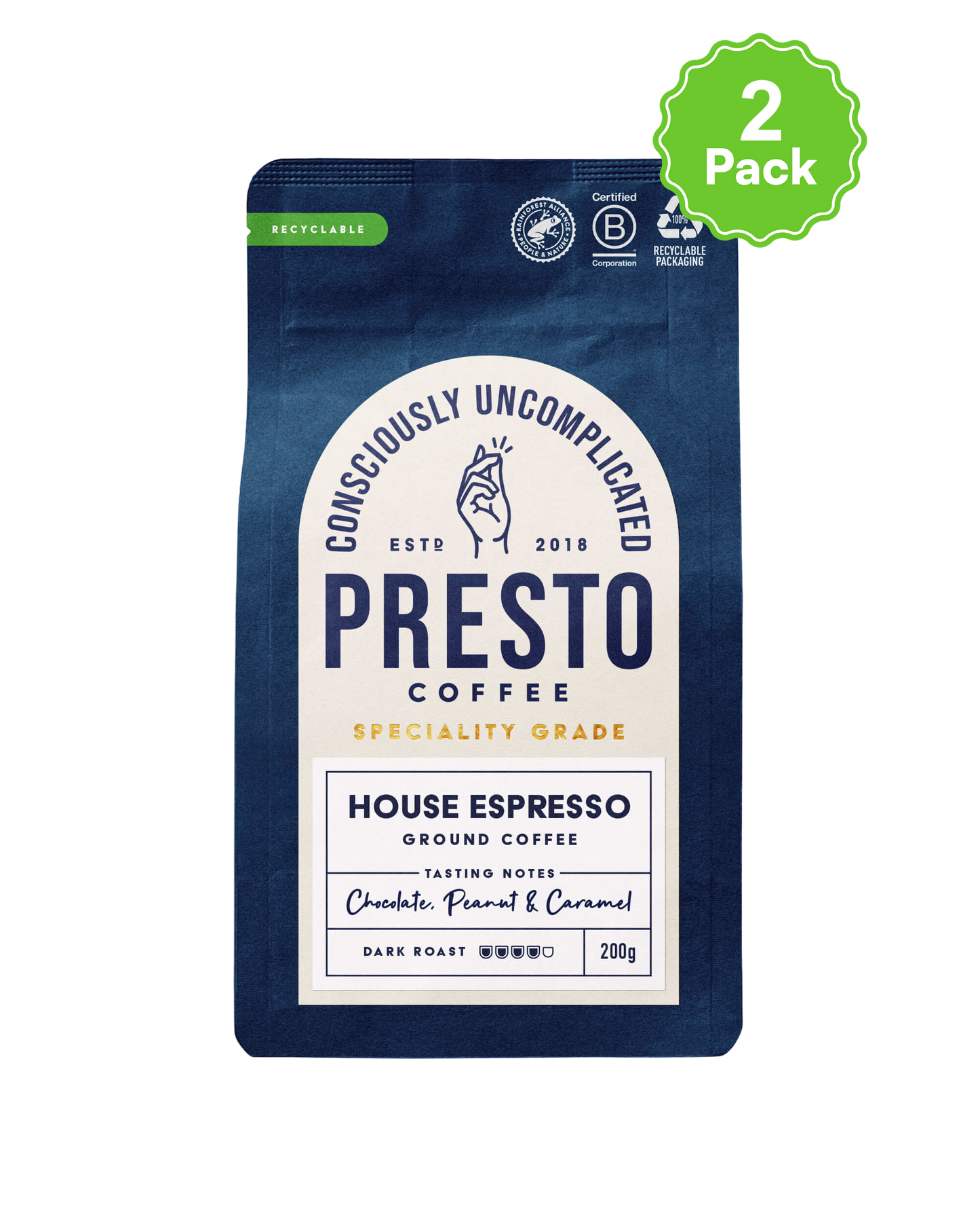 Presto Coffee House Espresso, specialty grade ground coffee, 200g pack, tasting notes chocolate, peanut, caramel, dark roast, recyclable packaging, certified B Corporation.