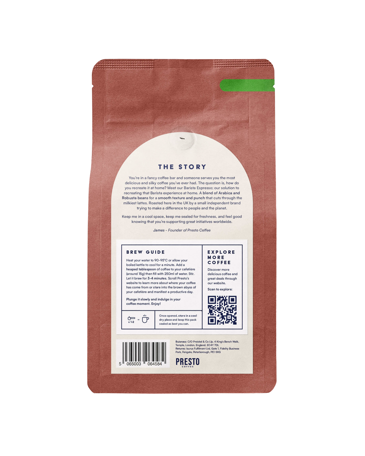 Presto Coffee packaging, brew guide instructions, Arabica and Robusta beans blend, UK roasted coffee, eco-friendly small business, QR code for more coffee products, freshness storage tips.