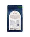 Blue Presto coffee bag with story description, brew guide, and QR code for exploring more coffee, featuring Rainforest Alliance Certified Arabica beans, sustainability focus, and UK roasting information.