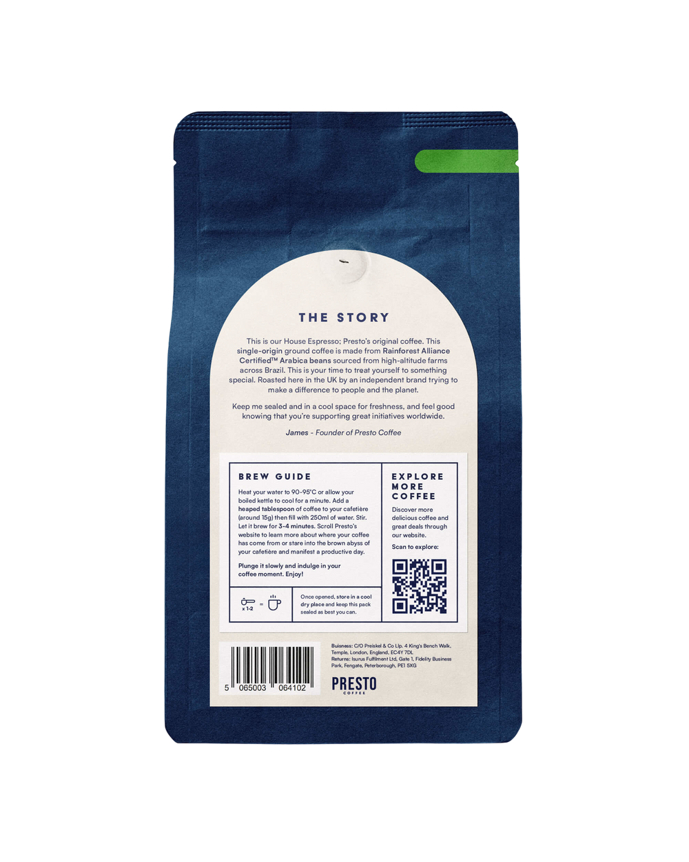 Blue Presto coffee bag with story description, brew guide, and QR code for exploring more coffee, featuring Rainforest Alliance Certified Arabica beans, sustainability focus, and UK roasting information.