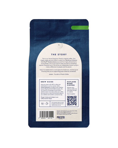 Blue Presto coffee bag with story description, brew guide, and QR code for exploring more coffee, featuring Rainforest Alliance Certified Arabica beans, sustainability focus, and UK roasting information.