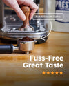 Person tamping coffee grounds into portafilter, espresso machine in background, text "Rich & Smooth Coffee" and "Fuss-Free Great Taste" with star rating.