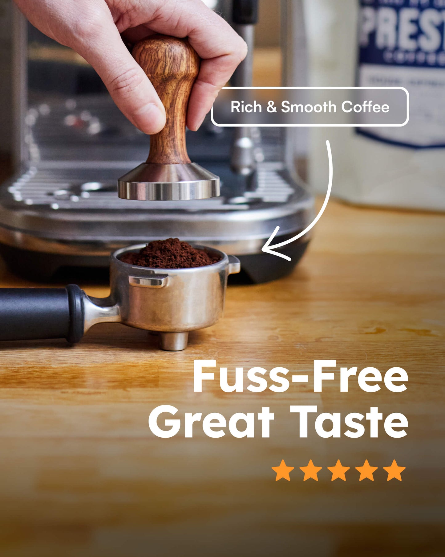 Person tamping coffee grounds into portafilter, espresso machine in background, text "Rich & Smooth Coffee" and "Fuss-Free Great Taste" with star rating.